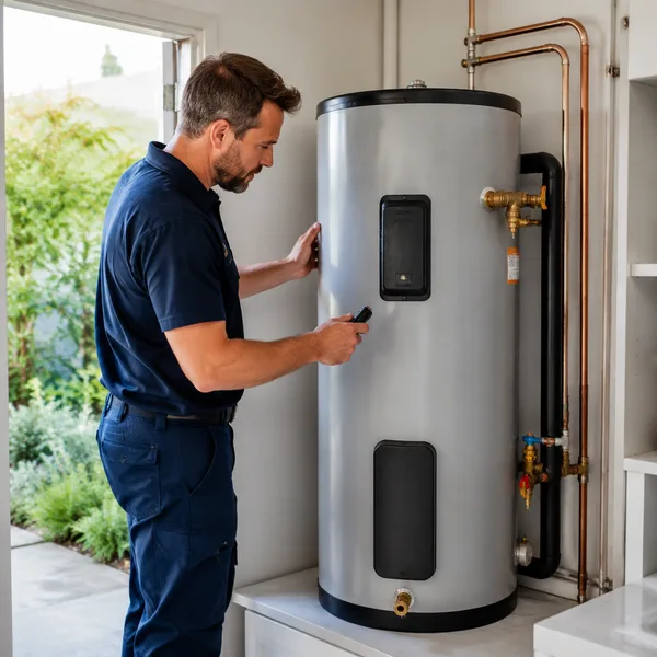 Plumber inspecting a residential hot-water cylinder